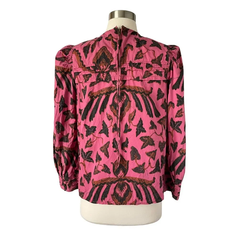 Ulla Johnson Coral Pink Floral Puff-Sleeve Blouse